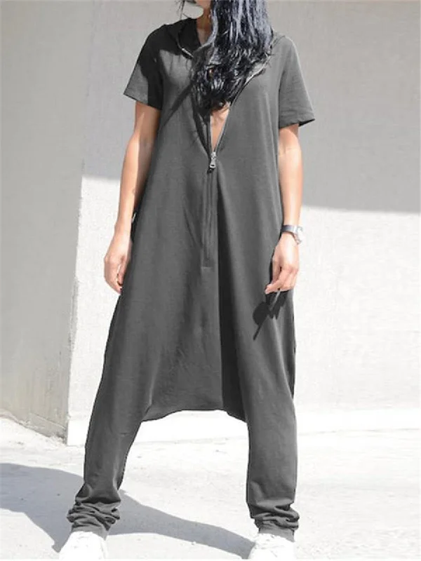 Casual Loose Short Sleeve Hoodie Harem Pants Jumpsuit Hoodie with Hem Elastic Stretchable Comfortable