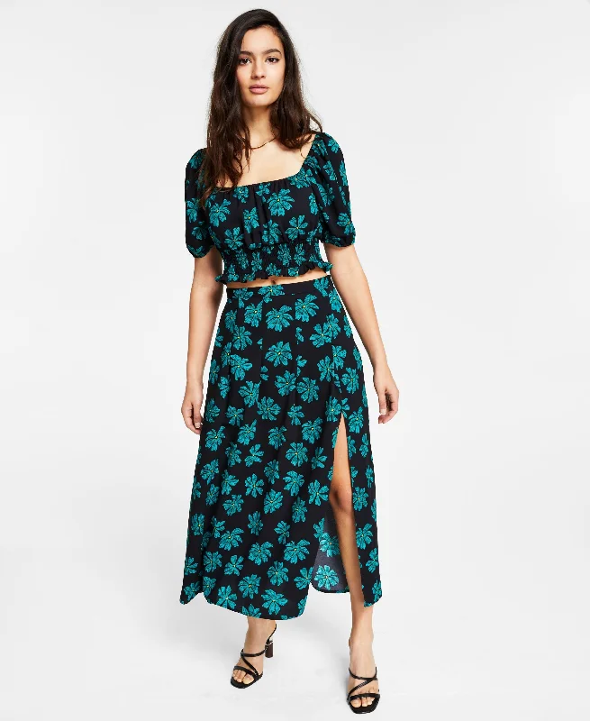 Floral-Print Slit Midi Skirt lace skirt romantic