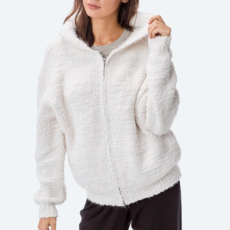 Fuzzy Popcorn Zipup Hoodie (Winter White) Hoodie with Frayed Bohemian Relaxed