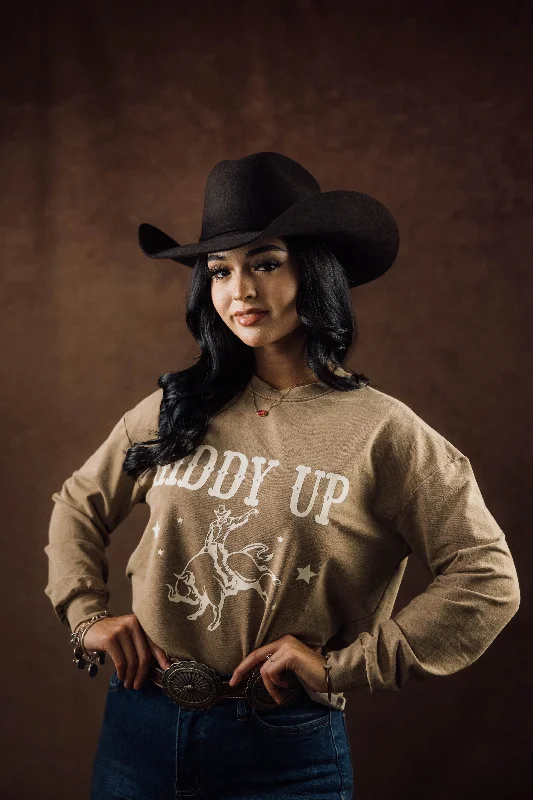 Women's Giddy Up Cowboy Long Sleeve Sweater Solid Print Embellished