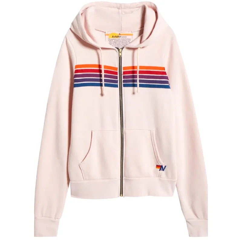 5 Stripe Zip Up Hoodie Light Pink Hoodie with Stripes Bold Sporty