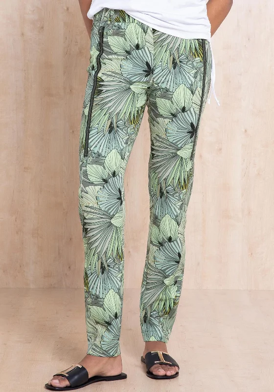 Bianca Siena Tropical Leaf Print Zip Detail Trousers, Green Multi Trousers High Rise Slim Fit