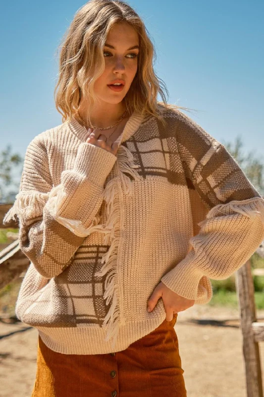 And The Why Plaid Pattern Color Block Fringe Sweater Turtle Neck Boat Neck Asymmetrical Neck