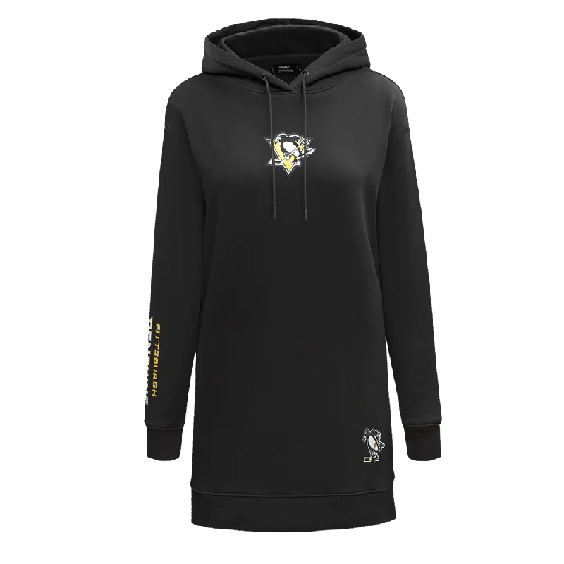 NHL PITTSBURGH PENGUINS CLASSIC WOMEN'S HOODIE DRESS (BLACK) Hoodie with Metallic Shiny Futuristic