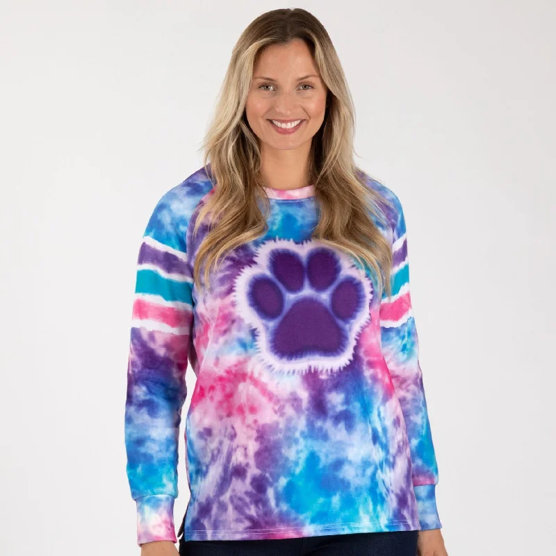 Paw Tie-Dye Stripe Lightweight Crew Sweatshirt Hoodie with Button Placket Classic Preppy