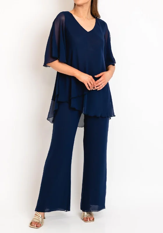 Allison Layered Top & Trousers Two Piece, Navy Trousers Bridal Satin