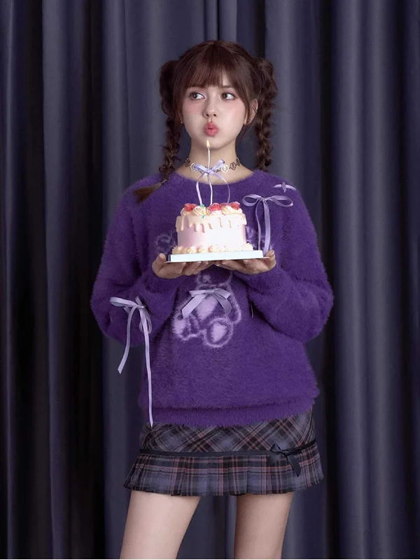 Purple bear ribbon sweater【s0000010666】 Sequined Glittery Shiny