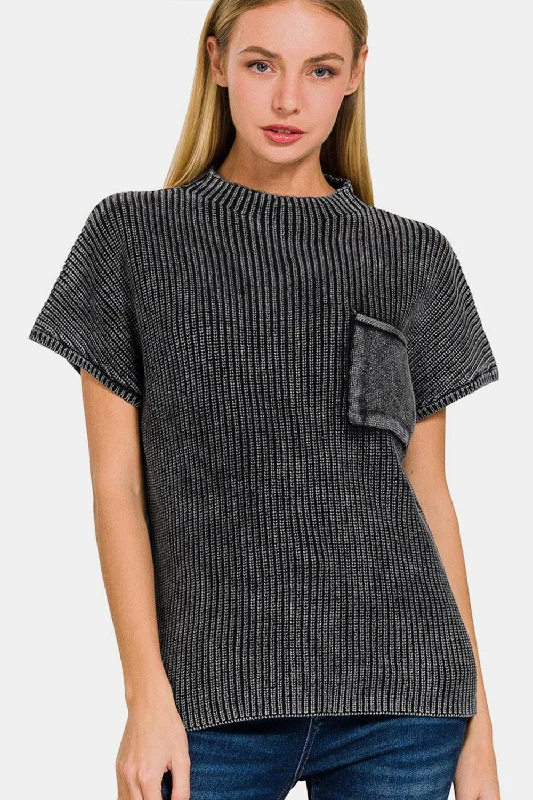 Zenana Pocketed Mock Neck Short Sleeve Sweater Cable Knit Ribbed Knit Lace Knit