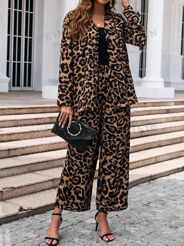 Clasi Women's Leopard Print Coat & Wide Leg Trousers Sets Trousers New Arrival