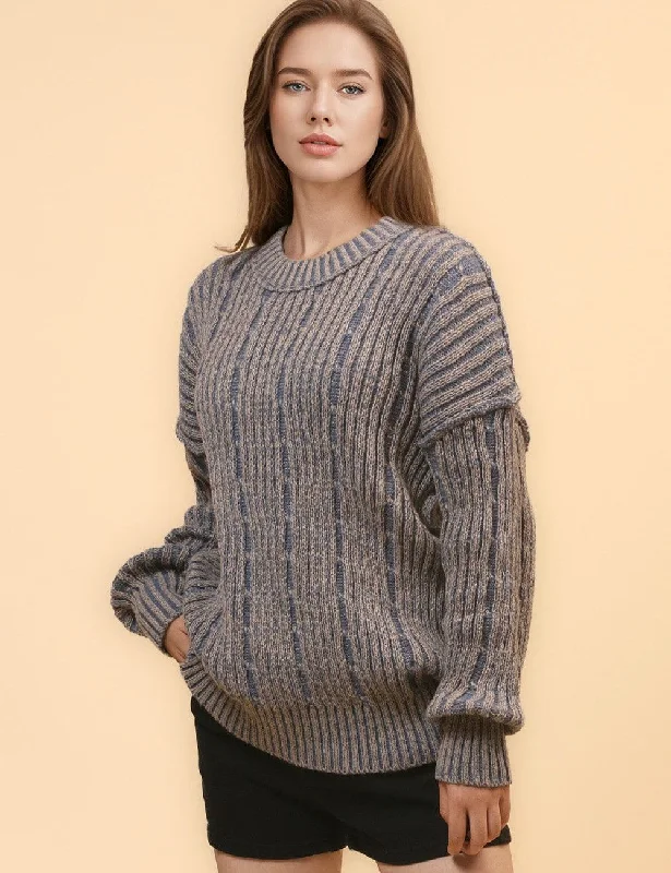 Ladies Distressed Striped Color Block Sweater SKT4661 Hooded Sweater Collared Sweater Shawl Collar