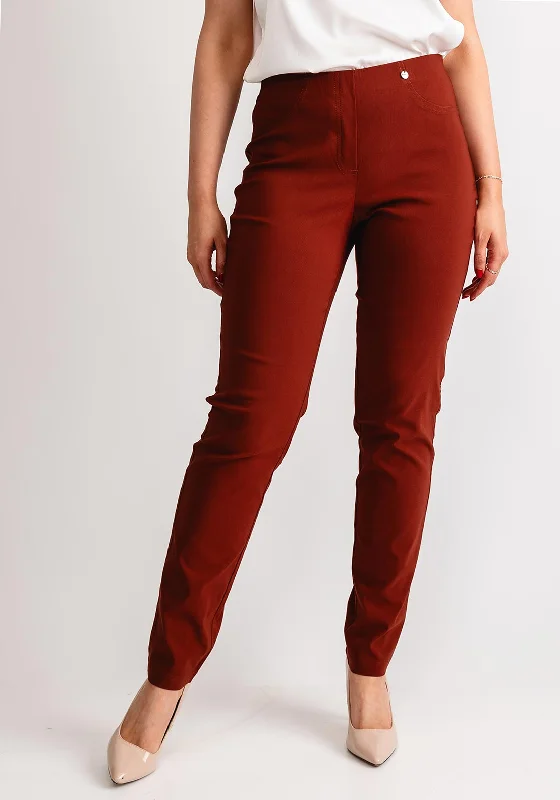 Robell Bella Full Length Stretch Trousers, Rust Trousers Handmade Artisanal