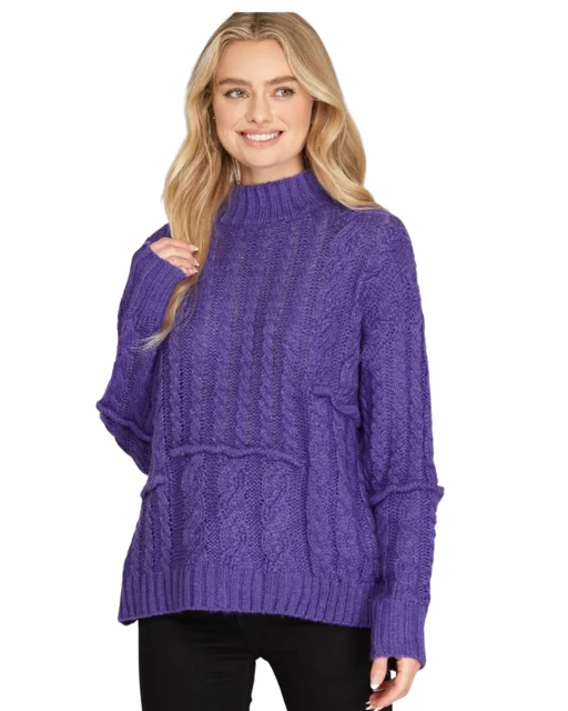 The Tina Cable Patch Sweater in Purple Iron Safe Non-Iron Wrinkle Free