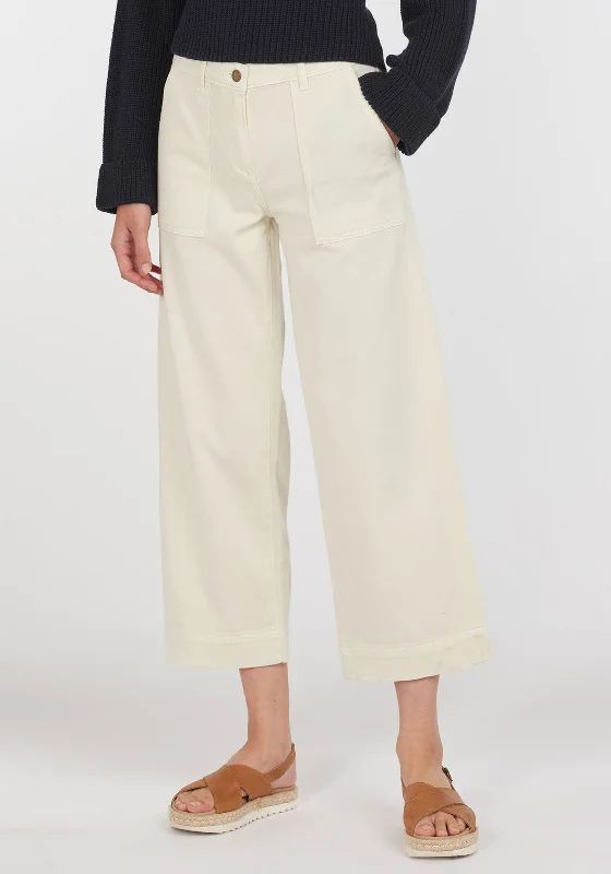 Barbour Womens Summer Cabin Cropped Wide Trousers, Cream Trousers Party Sparkling