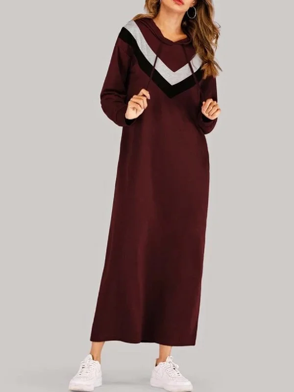 Cut & Sew Maxi Hooded Sweatshirt Dress Hoodie with Elastic Cuffs Stretchable Comfortable