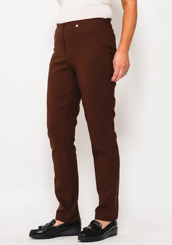 Robell Bella Full Length Stretch Trousers, Brown Trousers Print Floral