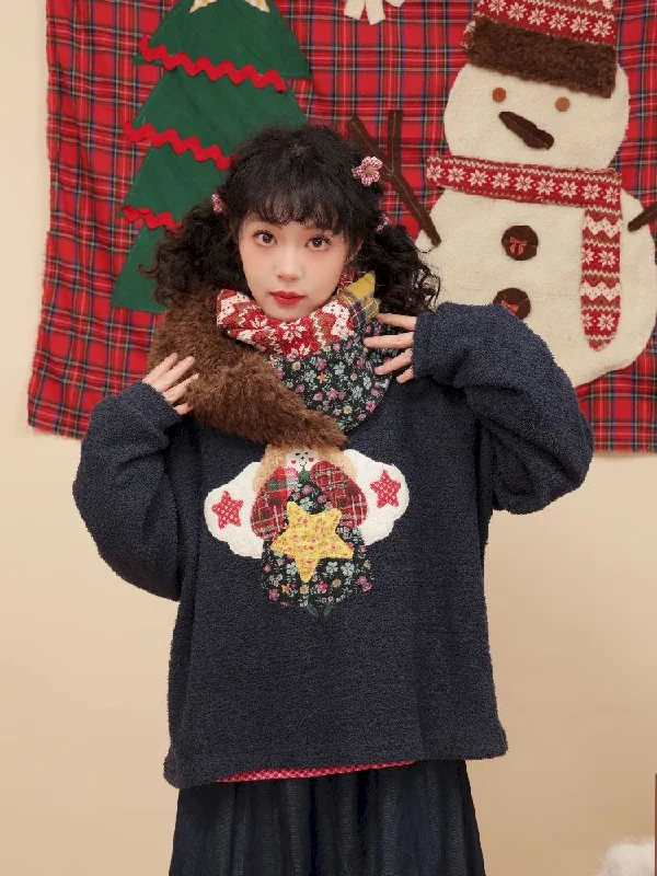 Girly Cherub Appliqued Plush Tibetan Blue Sweater【s0000005580】 Long Sweater Short Sweater Cropped Sweater