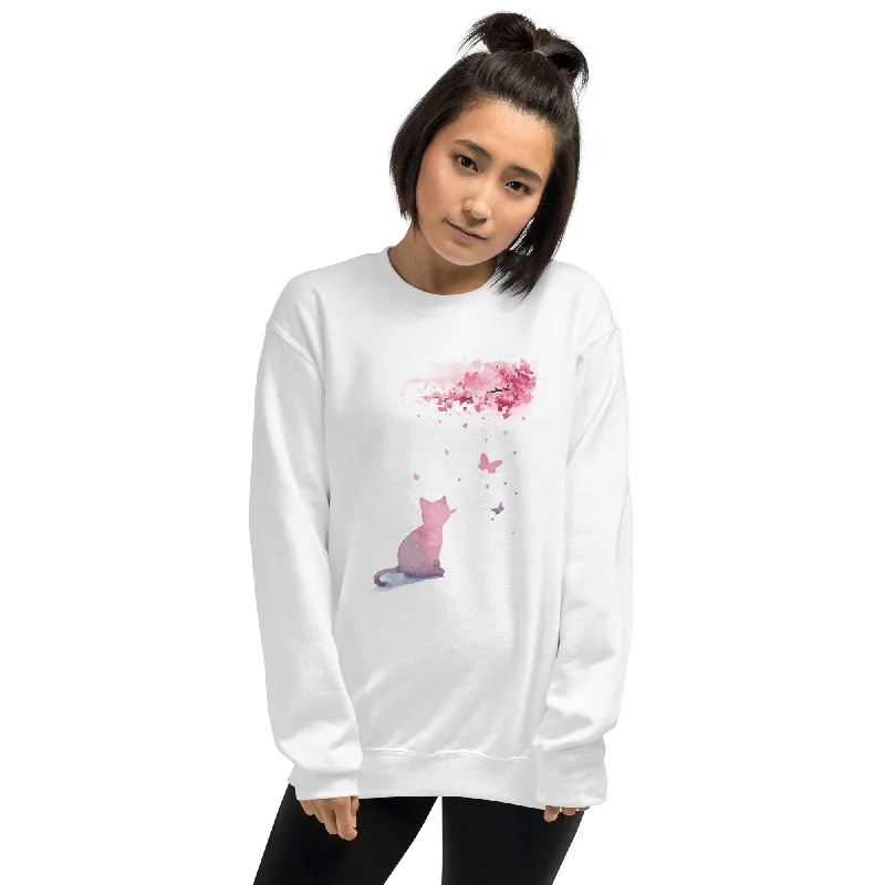 Cherry Blossom Kitten Crewneck Sweatshirt Hoodie with Back Slit Movement Comfort