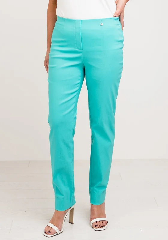 Robell Marie Stretch Slim Fit Trousers, Aqua Green Trousers Party Sparkling