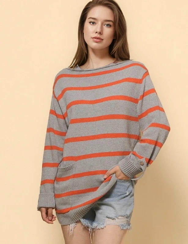 Ladies Stripe Color Block Pullover Pocket Sweater SKT4746 Ribbed Striped Patterned