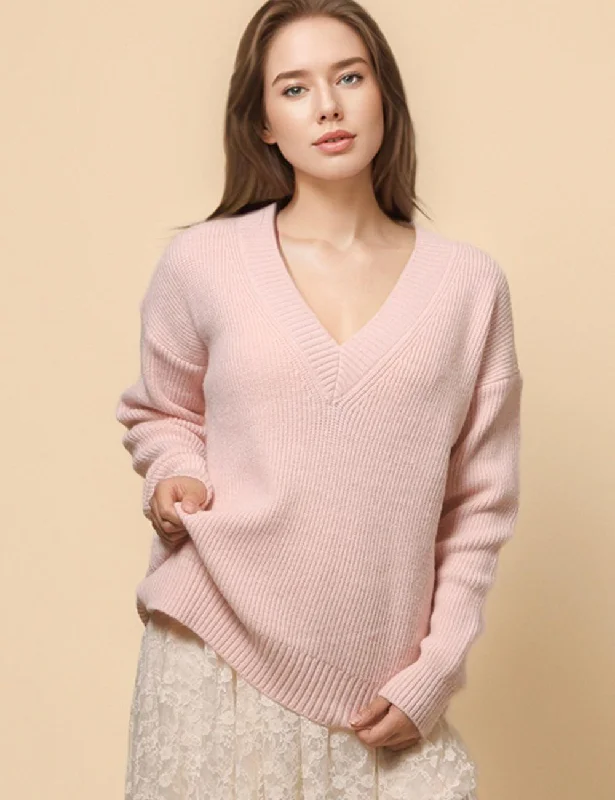 Ladies Solid Color V-Neck Daily Pullover Sweater SKT4761 Satin Fabric Silk Fabric Chiffon Fabric