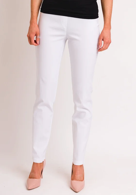 Robell Bella Full Length Stretch Trousers, White Chinos Cotton Straight Leg