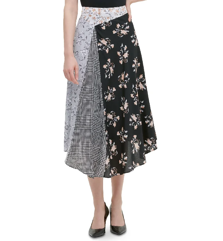 Pieced-Print Asymmetrical Midi Skirt leather skirt bold