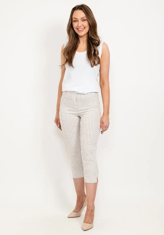 Robell Rose 07 Striped Slim Fit Capri Trousers, Beige & White Trousers Palazzo Wide Leg