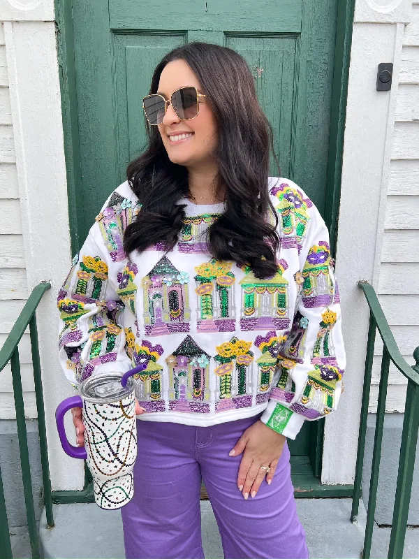 White Mardi Gras Porches Sweatshirt Hooded Sweatshirt Casual Wear Street Style