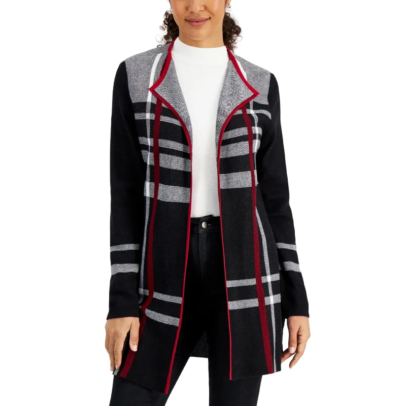 KASPER - Plaid Contrast-Trim Wing-Collar Cardigan Terry Blend Velvet Blend Canvas Blend