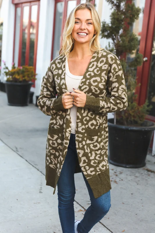 Boldly You Olive Fury Knit Animal Print Ribbed Open Cardigan Soft Cozy Warm