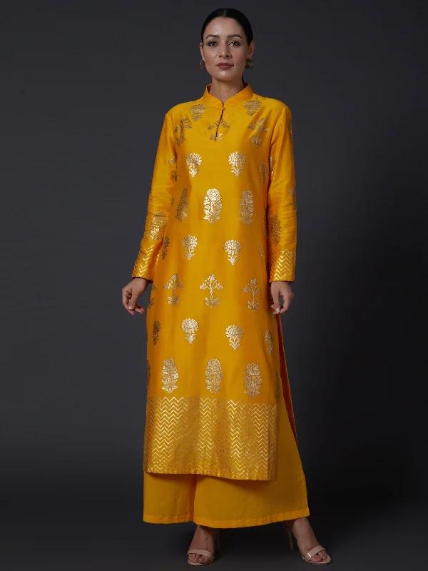 Yellow Block Printed Kurta With Pants Clearance Stretch,