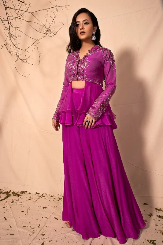 Plum Purple Peplum Style Hand Embroidered Jacket with sharara set Jersey Jacket Tulle Jacket Batik Jacket