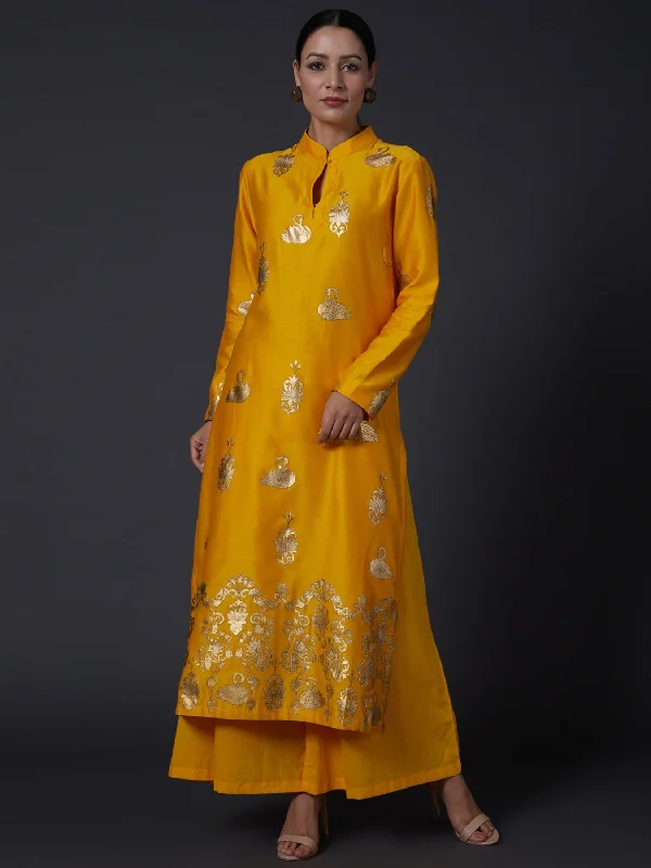 Yellow Printed Kurta With Pants Cotton Skinny,