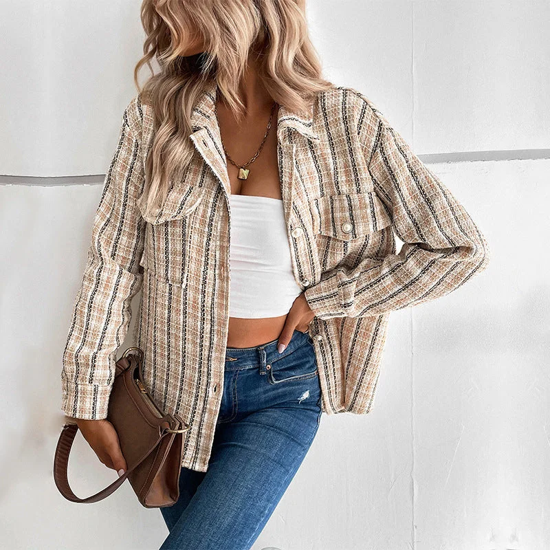 IKEARLAX 2025 trade New autumn and winter new 2025 small fragrant design jacket retro  plaid cardigan Notch Collar Peter Pan Collar Cowl Neck