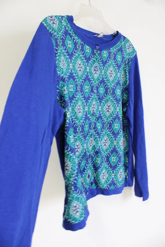 Talbots Blue Patterned Front Cardigan | L Hooded Cardigan Collared Cardigan Shawl Collar