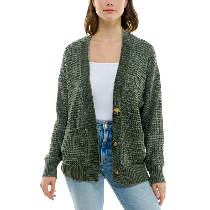 ULTRA FLIRT - Chenille Ribbed Patch-Pocket Cardigan Handmade Hand-knitted Hand-woven