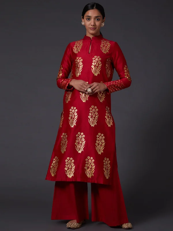 Red & Gold Block Printed Kurta With Palazzo Pants New Arrival Wide-Leg,