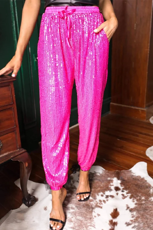 Rose Tie High Waist Sequin Jogger Pants Flared Skinny,