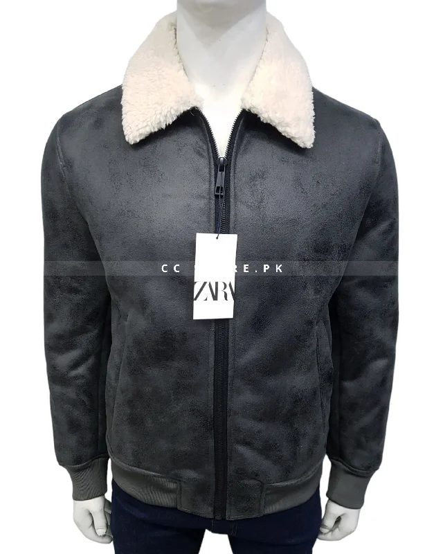 ZR Man Fur Collar Grey Suede Jacket (404) Elasticated Jacket Padded Jacket Insulated Jacket