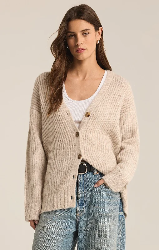 Z Supply Josie Cozy Cardigan | Light Oatmeal Heather Houndstooth Herringbone Solid