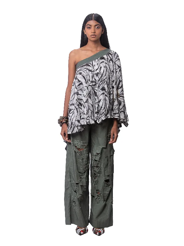 Chiffon Off Shoulder Top With Cotton Ripped Pants New Arrival Jeggings,