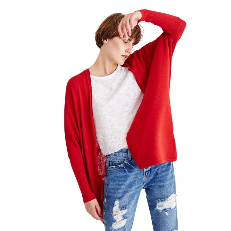 OXXO - Red Slit Detailed Long Cardigan Transparent Opaque Sheer