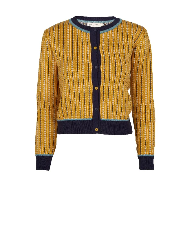 Vera Jacquard Cardigan - Mustard Feather Stripe Glossy Satin Silk