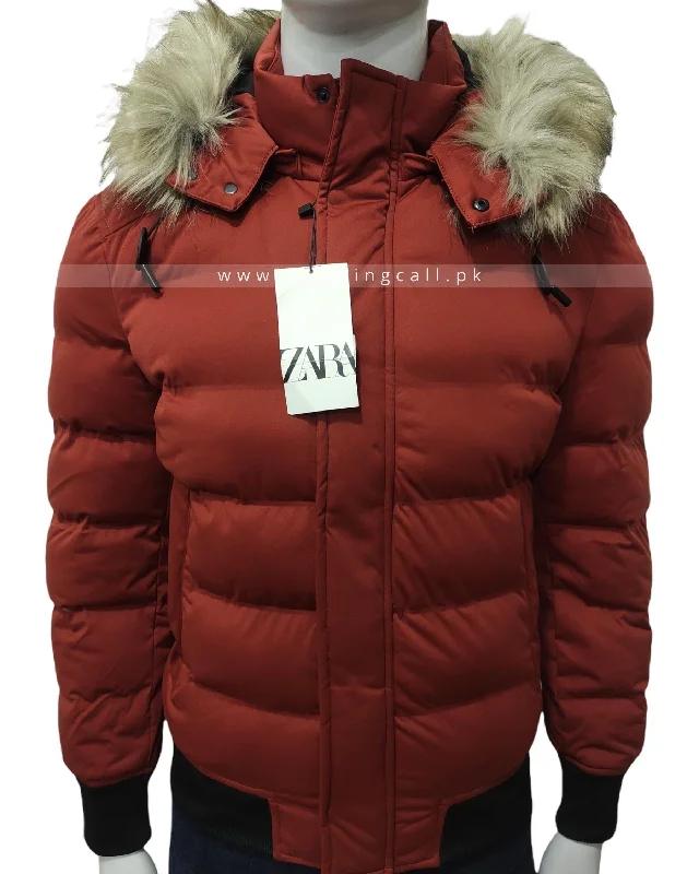 ZR Puffer Red Jacket with Removable Fur Hood (365) Front Pockets Side Pockets Patch Pockets