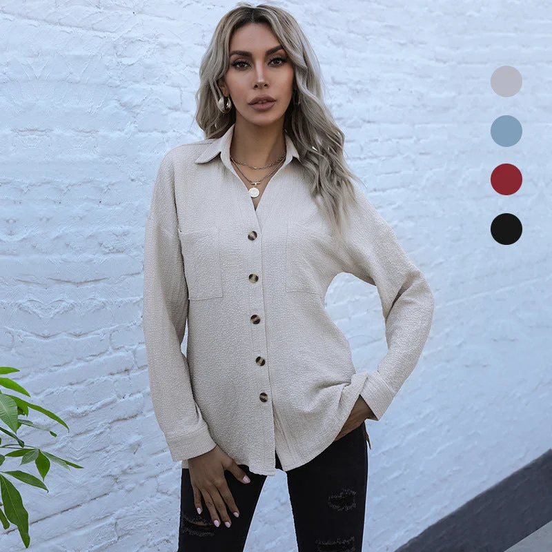 IKEARLAX Cross-border retro lapel shirt 2025 solid color long-sleeved jacket casual cardigan women's autumn suit collar shirt wholesale Snapped Jacket Toggled Jacket Drawstring Jacket