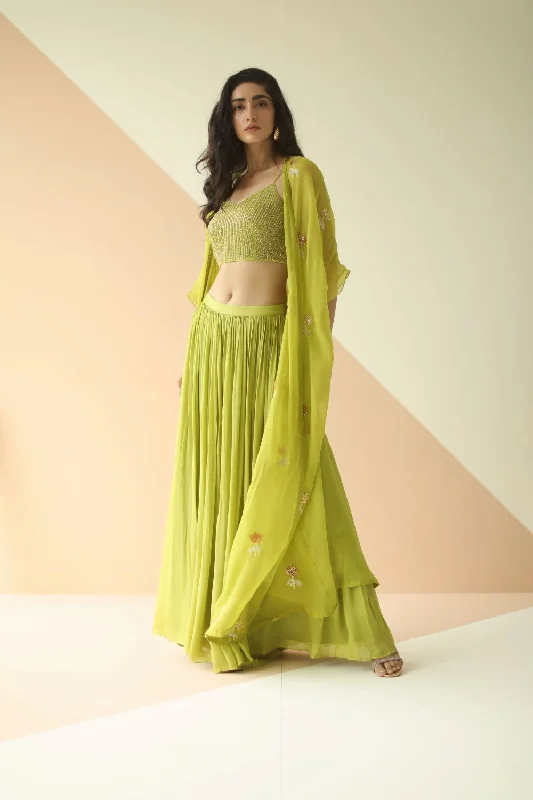 LIME GREEN HEAVY STEP BLOUSE SHARARA WITH BUTI ORGANZA JACKET A-Line Jacket Boat Neck Shawl Collar