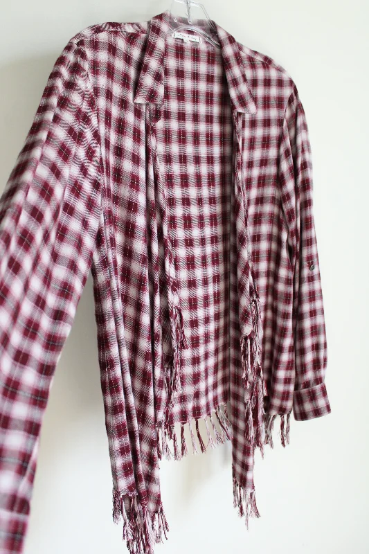 Willow & Clay Maroon Plaid Fringe Cardigan | S Handmade Hand-knitted Hand-woven