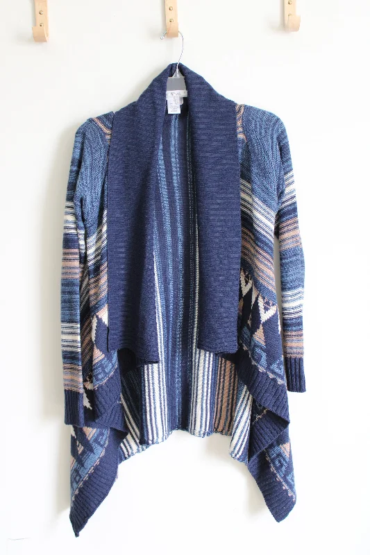 Say What? Blue Tan Striped Cardigan | S Ribbed Striped Patterned