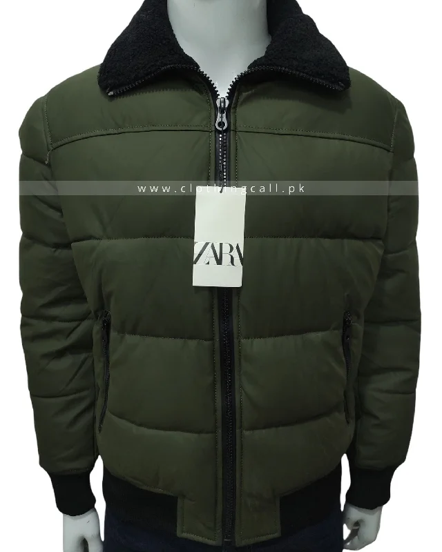 ZR Man Green Rubberized Puffer Fur Collar Jacket (330) Hooded Jacket Caped Jacket Shawl Collar Jacket