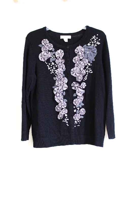 Christopher & Banks Black Knit Floral Applique Cardigan | L Petite Solid Print Embellished